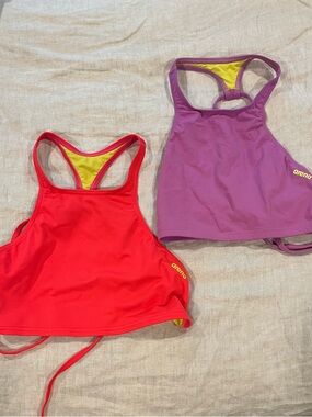 Arena 2 Women's Racerback High-Neck Bikini Top in Red and Purple